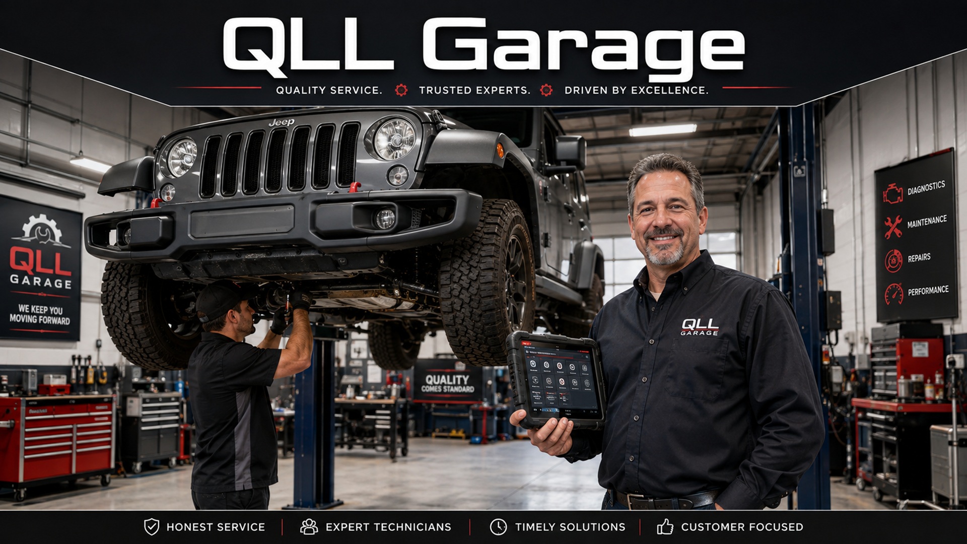 QLL Garage automotive shop with a Jeep on a lift, a technician working underneath, and a shop manager holding a diagnostic tablet